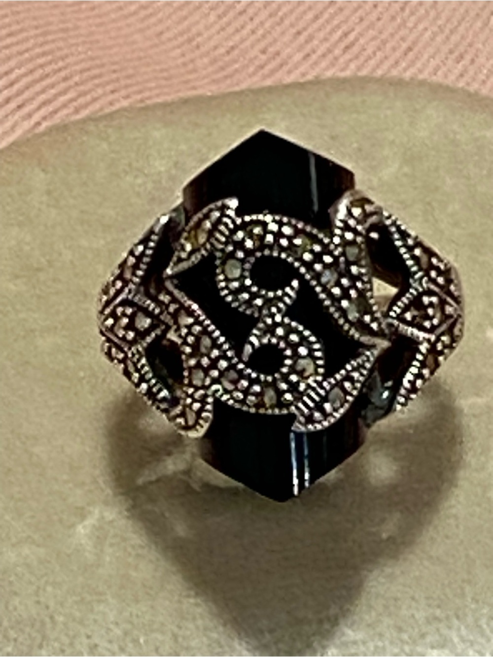 Black Onyx Marcasite & Sterling Filigree Statement Ring